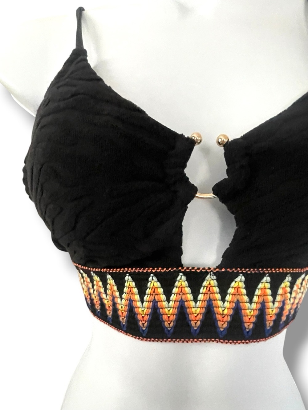Bralette Crop Top Aztec Textured & Embroidered Trim Ring Detail Boho Festival - Picture 2 of 9
